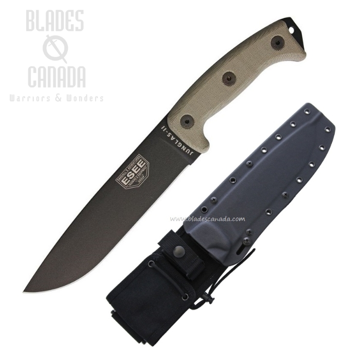 (image for) ESEE Junglas II-E Fixed Blade Knife, 1095 Carbon, Micarta, Kydex Sheath w/ MOLLE Back, JUNGLAS-II-E